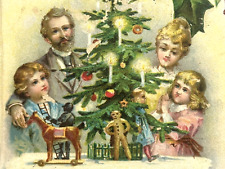 Christmas Postcard Family Celebrates Tree Toys Horse Holly Gold Bells picture