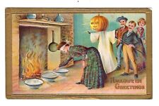 c1910 Halloween Postcard Blindfolded Lady, Pumpkin Ghost Embossed picture