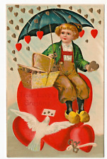Clapsaddle Valentine Vintage Postcard Dutch Child Umbrella Raining Hearts 941 picture