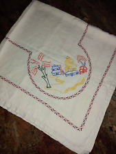 Vintage Cotton Asian Pagoda Willow Hand Embroidered Square Tablecloth 44x46