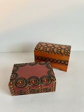 Lot of 2 Etched Wood Trinket Boxes Two Tone Wood Burned Intricate Decorative picture