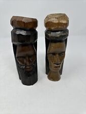 Wooden Tiki Totem Pole Statues Hand Carved Jamaica Engraved Man & Woman SIGNED picture