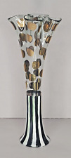 Mackenzie Child 12” Fluted Glass “Circus” Vase 1983 Black/white/gold picture