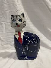 Turov Cat Figurine Ceramic Blue Suit Red Tie 8.5” Signed picture