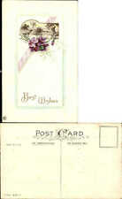 Best Wishes violets swans ducks pond vignette c1910 vintage postcard picture