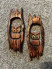 Vintage Cryptomeria Carved Wooden Owls With Orange And Green Felt Eyes picture