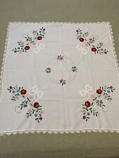 vintage embroidered tablecloth card table size 34 x 35 white lace edge picture