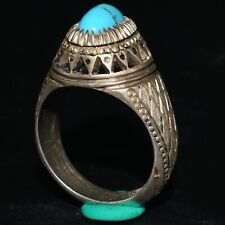 Vintage Old Near Eastern Solid Silver Ring with Natural Turquoise Stone Bezel picture