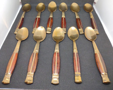 Thailand Brass Demitasse Tea Spoons  Teak Inlaid Wood Vintage Flatware Set picture