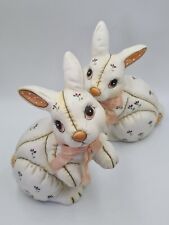 Vintage Geo. Z Lefton 1987 Patchwork Quilt Pair Rabbits Bunny Ribbon Figurines picture
