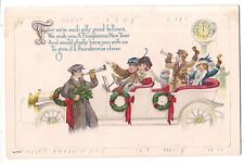 PROSPEROUS NEW YEAR Riding In Car Clock at Midnight Holiday HORNS Postcard DB picture
