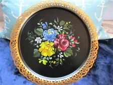 Large Nashco Filigree Gold Rim Hand Painted Garden Roses Vintage Black Tole Tray picture