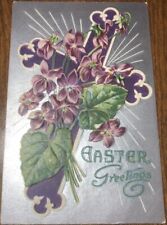 Embossed Postcard, Easter Cross Greetings, Purple Cross, Flowers UNP, WOB picture