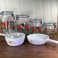 4 Arc France Glass Canisters R Carman POPPY & 2 Corning WILDFLOWER Sauce Pans picture