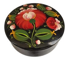 Scandinavian Hand Painted Rosemaling Folk Art Design Round Wood Trinket Box Lid picture