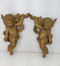 2 Vintage 1970 Burwood Gold Cherub Angels Wall Hangings Decor 1970 picture