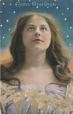 EASTER - Girl, Lilies, Lots of Stars Easter Greetings Bead Covered Tuck Postcard picture