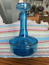 Vintage Blue Glass Decanter W/Stopper Made In Belgium 8