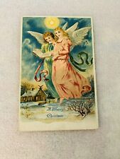 Christmas Postcard Hovering Evening ANGELS In Pink & Blue Gowns GLITTER Sparkles picture