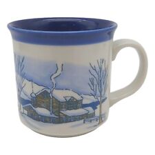 Embossed Winter Forest Cottage Coffee Mug - 10oz Blue White vtg Japan or Korea picture