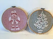 Vintage Christmas Embroidered Wooden Hoop Santa and Christmas Tree picture