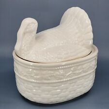Vintage White Ceramic Turkey on Basket Stuffing Container Thanksgiving Poultry picture