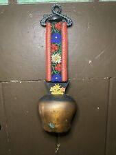 Antique Swiss German Brass Oxen Large Cow Bell Embroidered Strap Wood Handle picture