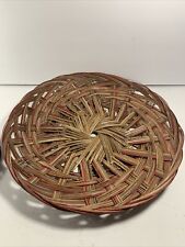 Vintage Hand Woven Wicker Round Tray~Brown Red Accents~Wall Art~12”~Boho picture