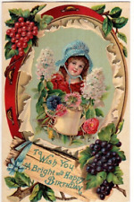ANTIQUE EMBOSSED BIRTHDAY Postcard   YOUNG GIRL IN TAMBOURINE, FLOWERS, GRAPES picture