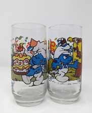 Vintage 1983 Peyo Baker Smurf & Handy Smurf Tall Drinking Glasses 6.5