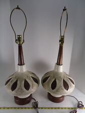 Pair of Vintage Lamps Ceramic with Wood Grain Design Tabletop Side Table Round picture