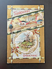 Antique 1910 Thanksgiving Postcard #08 Embossed Gold Lithograph Windmill Turkey picture