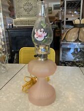 VINTAGE GLASS PEDESTAL OIL LAMP W/ CHIMNEY Pink Satin Electrified picture