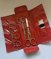Vintage Cross Palm Trees Germany Sewing 5 PC Scissors Set GOLD Handles & Sewing picture