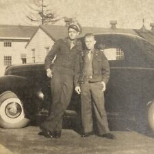 Found B&W Photo 2 Men Smoking In Front Of Car Automobile  picture