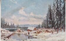 Winter Scenery, Fir Trees, Hut. Art H.K.& M Serie 360. Artist Signed. Vintage picture