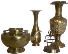A Lot Of 4 Vintage Brass Pieces. Tea, Pot, Vases, Urn w/Birdcage Top picture
