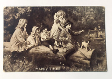 Happy Times, Mother and Children Riding On A Log with Puppy Vintage Postcard picture