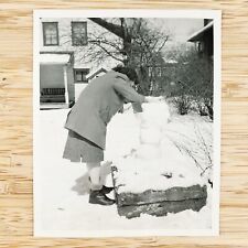 Wisconsin Woman Building Snowman Photo 1940s Kenosha Winter Snow Girl Play C2899 picture
