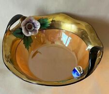 Noritake Art Deco 2 Handle Bowl Figural Flower & Bud Shimmering Gold Tan Lustre picture