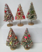 5 Vintage Heavily Decorated Brush Christmas Trees on Wood Base picture