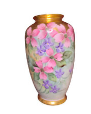Vintage Bavaria 1900s Dogwood Flowers Vase With Gold Detail Signed - Handpainted picture