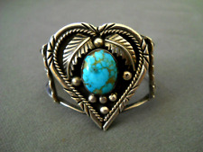 SMALL Native American High-Grade Turquoise Sterling Silver Heart Bracelet Signed picture