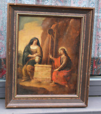 Antique french oil panel religious painting jesus samaritan lady water well picture