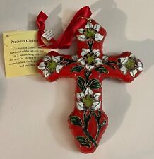 Gorgeous Ornate Red Cloisonné Cross Ornament Copper Enamel-Inlaid Gold Plated picture