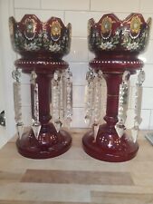 Pair Antique Ruby Red Cranberry Bohemian Lusters Crystal Prisms Gilt Gold Detail picture
