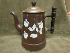 Antique Enamelware Graniteware Coffee Pot Boiler Brown Blue Pansy Flower RARE picture