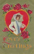VALENTINE'S DAY - Woman With Parasol In Heart Love's Greetings Postcard picture
