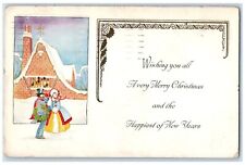 1928 Christmas And Happy New Year Boy Girl Holly Church Winter Snow Postcard picture
