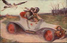 Fantasy Stork Chasing Man Woman Red Cross Nurse & Car St. John Postcard c1910 picture